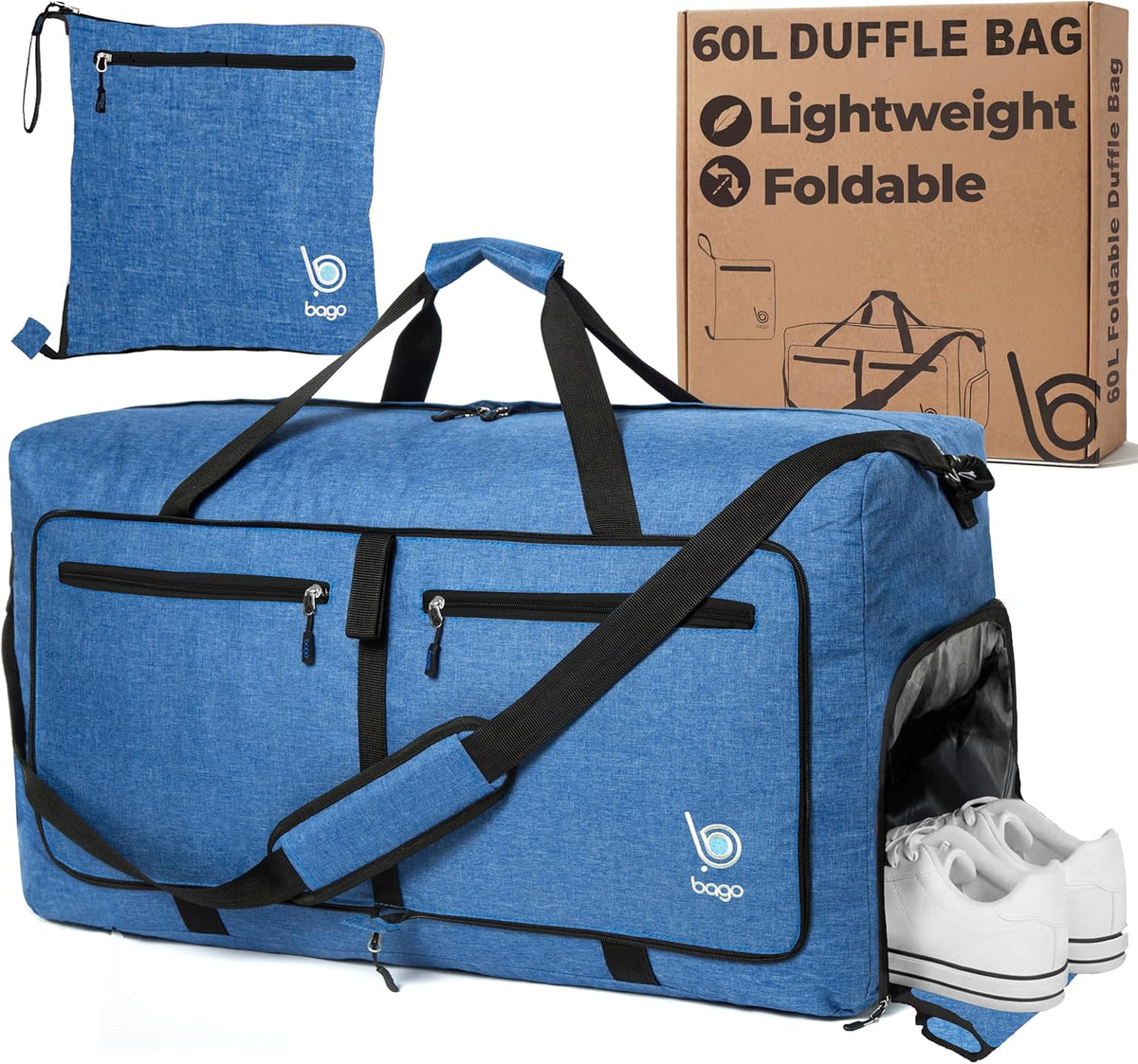 Bago Foldable Duffle Bag for Camping & Travel with Shoe Compartment. Large Duffle Bag for Women & Men. Durable Lightweight Duffel Bags for Traveling. 80L