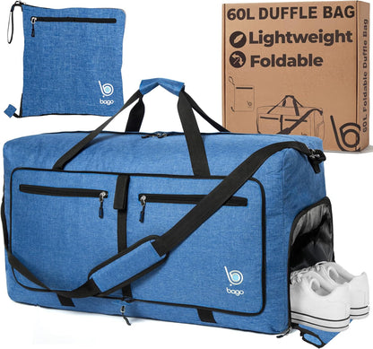 Bago Foldable Duffle Bag for Camping & Travel with Shoe Compartment. Large Duffle Bag for Women & Men. Durable Lightweight Duffel Bags for Traveling. 80L