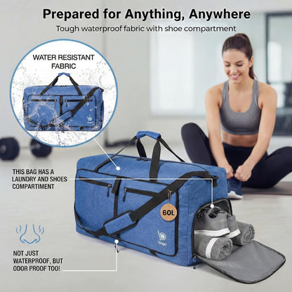 Bago Foldable Duffle Bag for Camping & Travel with Shoe Compartment. Large Duffle Bag for Women & Men. Durable Lightweight Duffel Bags for Traveling. 80L