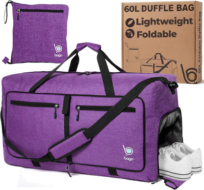 Bago Foldable Duffle Bag for Camping & Travel with Shoe Compartment. Large Duffle Bag for Women & Men. Durable Lightweight Duffel Bags for Traveling. 80L