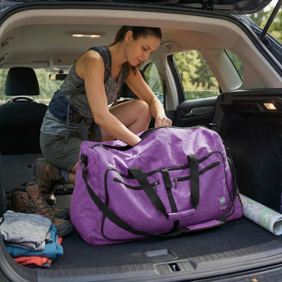 Bago Foldable Duffle Bag for Camping & Travel with Shoe Compartment. Large Duffle Bag for Women & Men. Durable Lightweight Duffel Bags for Traveling. 80L