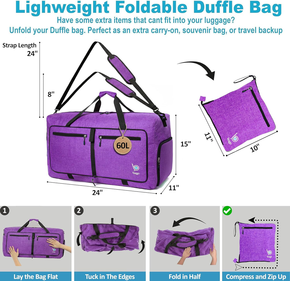 Bago Foldable Duffle Bag for Camping & Travel with Shoe Compartment. Large Duffle Bag for Women & Men. Durable Lightweight Duffel Bags for Traveling. 80L
