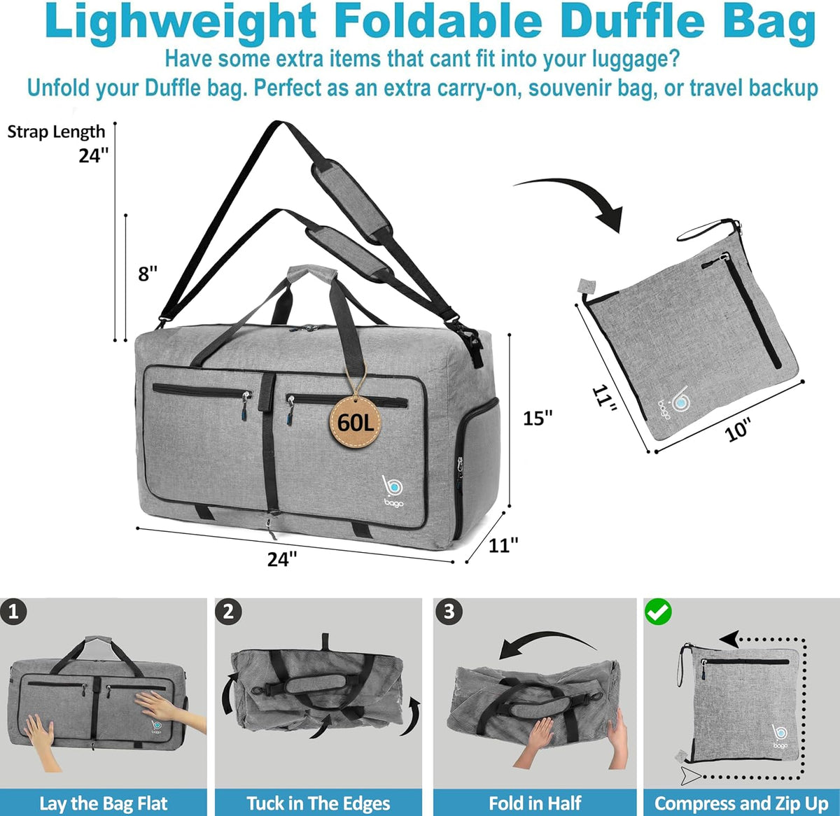 Bago Foldable Duffle Bag for Camping & Travel with Shoe Compartment. Large Duffle Bag for Women & Men. Durable Lightweight Duffel Bags for Traveling. 80L