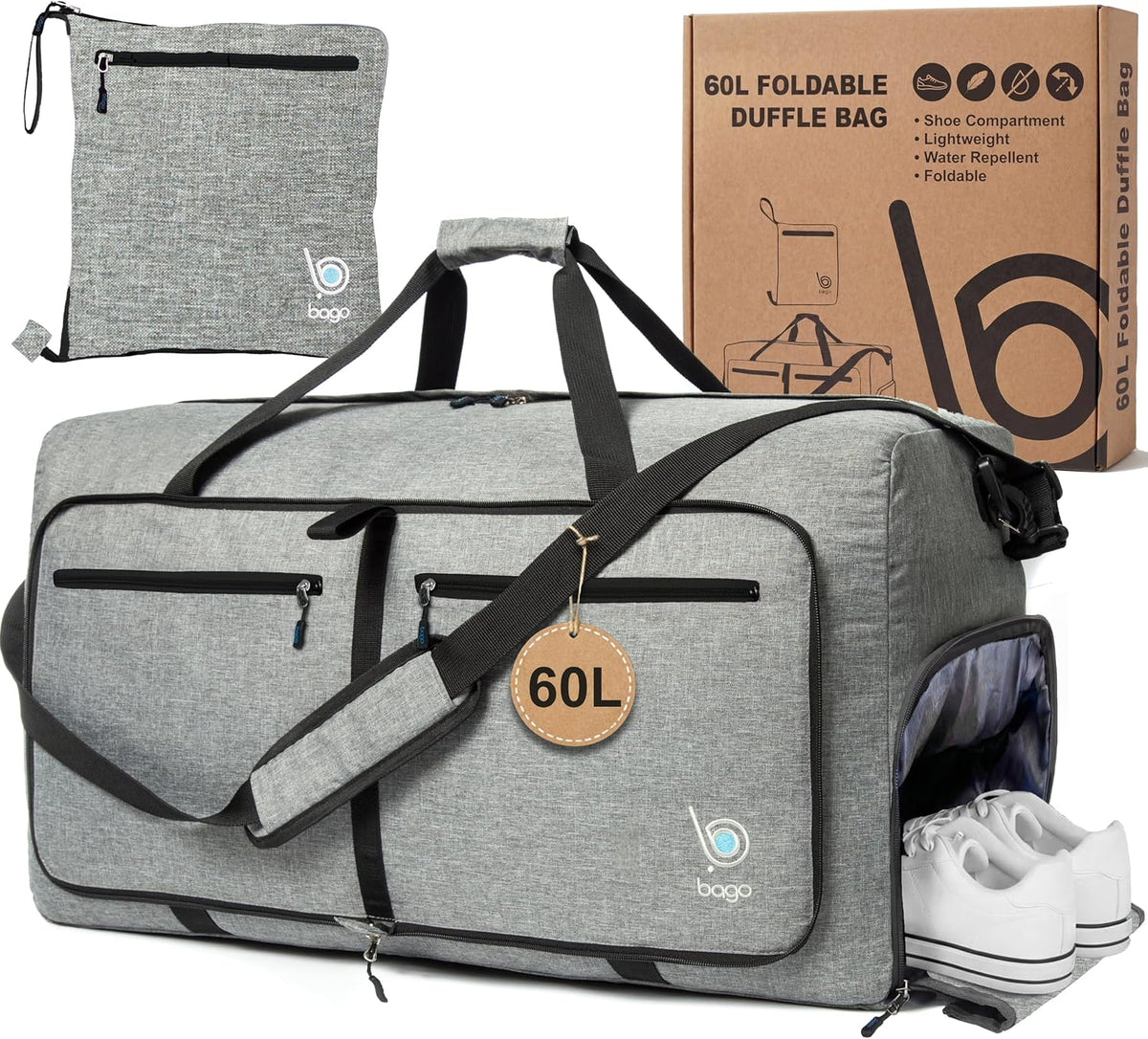 Bago Foldable Duffle Bag for Camping & Travel with Shoe Compartment. Large Duffle Bag for Women & Men. Durable Lightweight Duffel Bags for Traveling. 80L