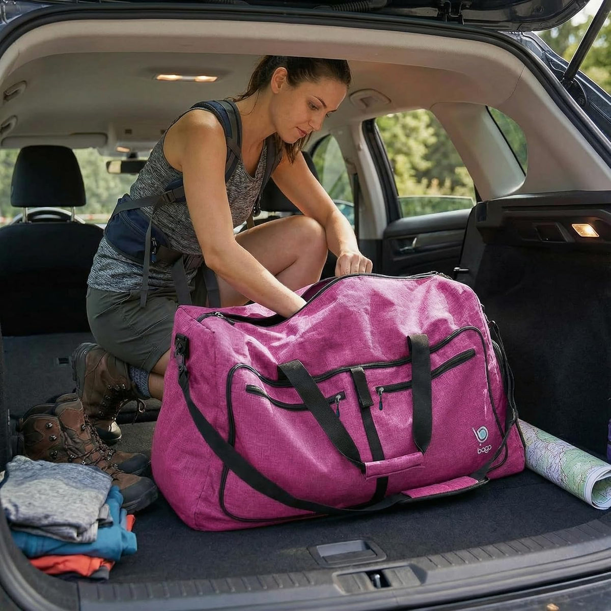 Bago Foldable Duffle Bag for Camping & Travel with Shoe Compartment. Large Duffle Bag for Women & Men. Durable Lightweight Duffel Bags for Traveling. 80L