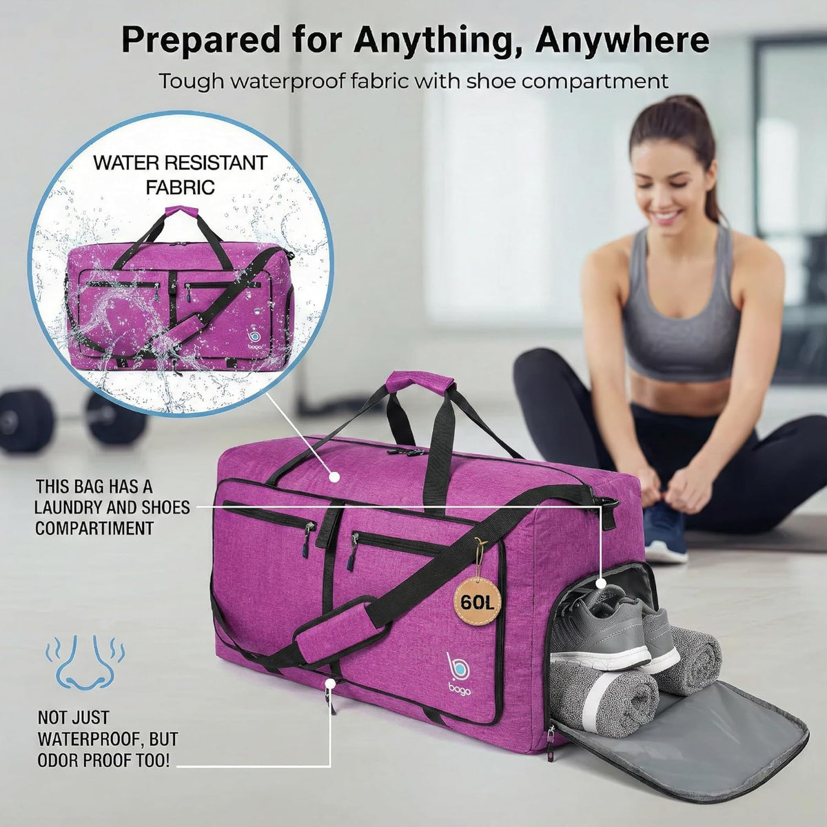 Bago Foldable Duffle Bag for Camping & Travel with Shoe Compartment. Large Duffle Bag for Women & Men. Durable Lightweight Duffel Bags for Traveling. 80L