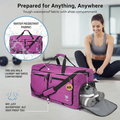 Bago Foldable Duffle Bag for Camping & Travel with Shoe Compartment. Large Duffle Bag for Women & Men. Durable Lightweight Duffel Bags for Traveling. 80L