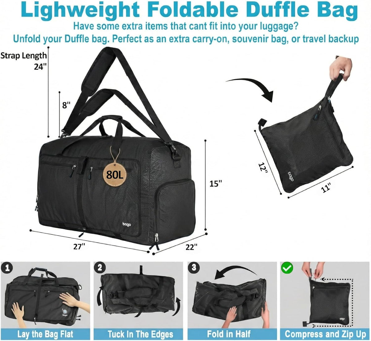 Bago Foldable Duffle Bag for Camping & Travel with Shoe Compartment. Large Duffle Bag for Women & Men. Durable Lightweight Duffel Bags for Traveling. 80L