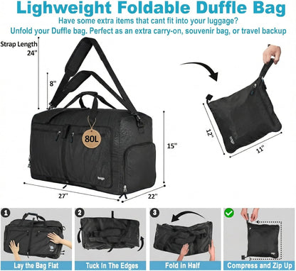 Bago Foldable Duffle Bag for Camping & Travel with Shoe Compartment. Large Duffle Bag for Women & Men. Durable Lightweight Duffel Bags for Traveling. 80L