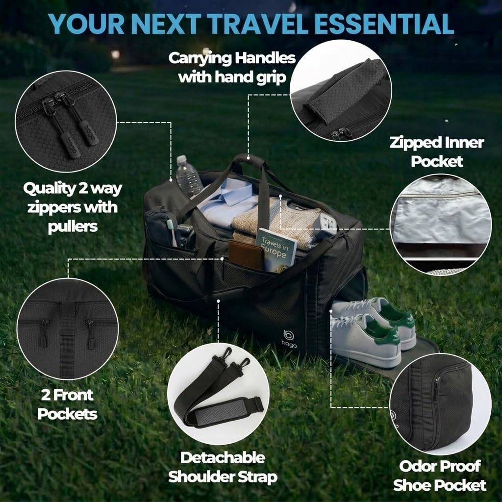 Bago Foldable Duffle Bag for Camping & Travel with Shoe Compartment. Large Duffle Bag for Women & Men. Durable Lightweight Duffel Bags for Traveling. 80L