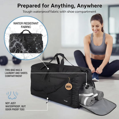 Bago Foldable Duffle Bag for Camping & Travel with Shoe Compartment. Large Duffle Bag for Women & Men. Durable Lightweight Duffel Bags for Traveling. 80L