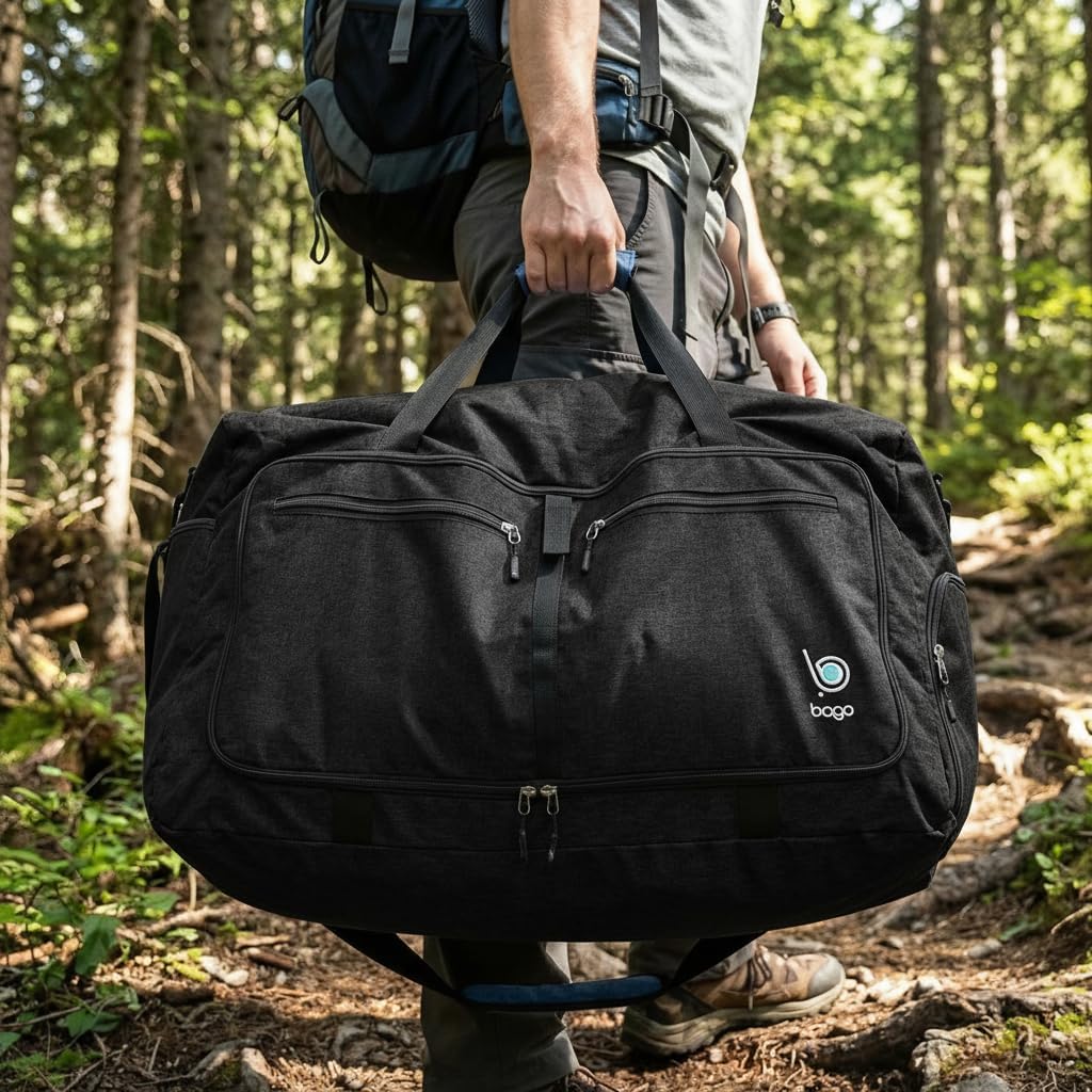 Bago Foldable Duffle Bag for Camping & Travel with Shoe Compartment. Large Duffle Bag for Women & Men. Durable Lightweight Duffel Bags for Traveling. 80L