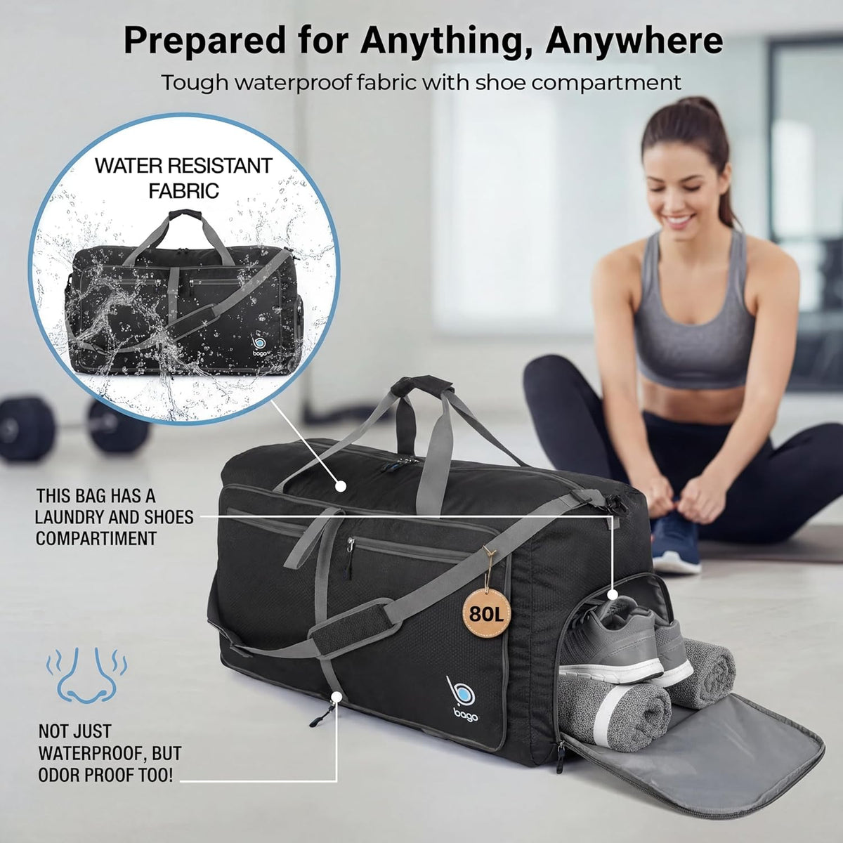 Bago Foldable Duffle Bag for Camping & Travel with Shoe Compartment. Large Duffle Bag for Women & Men. Durable Lightweight Duffel Bags for Traveling. 80L