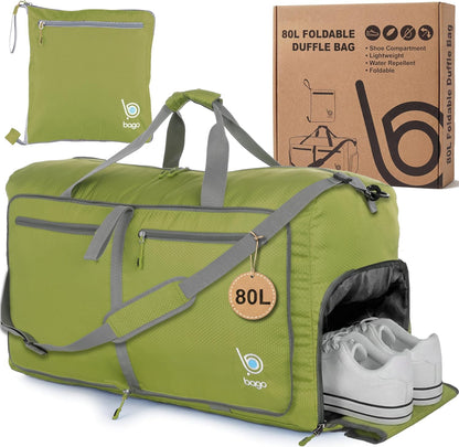 Bago Foldable Duffle Bag for Camping & Travel with Shoe Compartment. Large Duffle Bag for Women & Men. Durable Lightweight Duffel Bags for Traveling. 80L