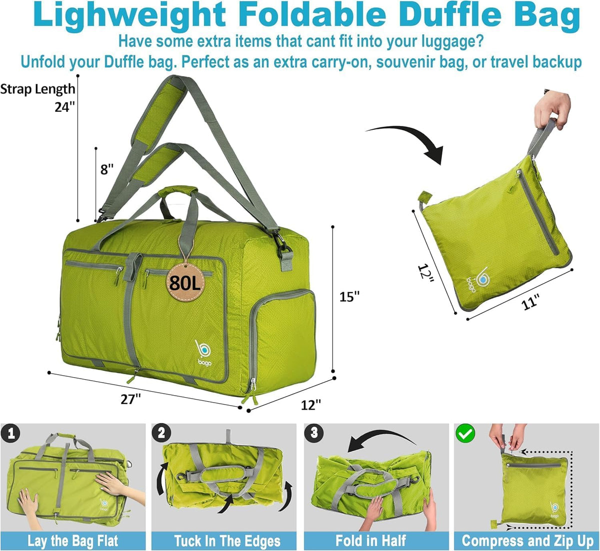 Bago Foldable Duffle Bag for Camping & Travel with Shoe Compartment. Large Duffle Bag for Women & Men. Durable Lightweight Duffel Bags for Traveling. 80L