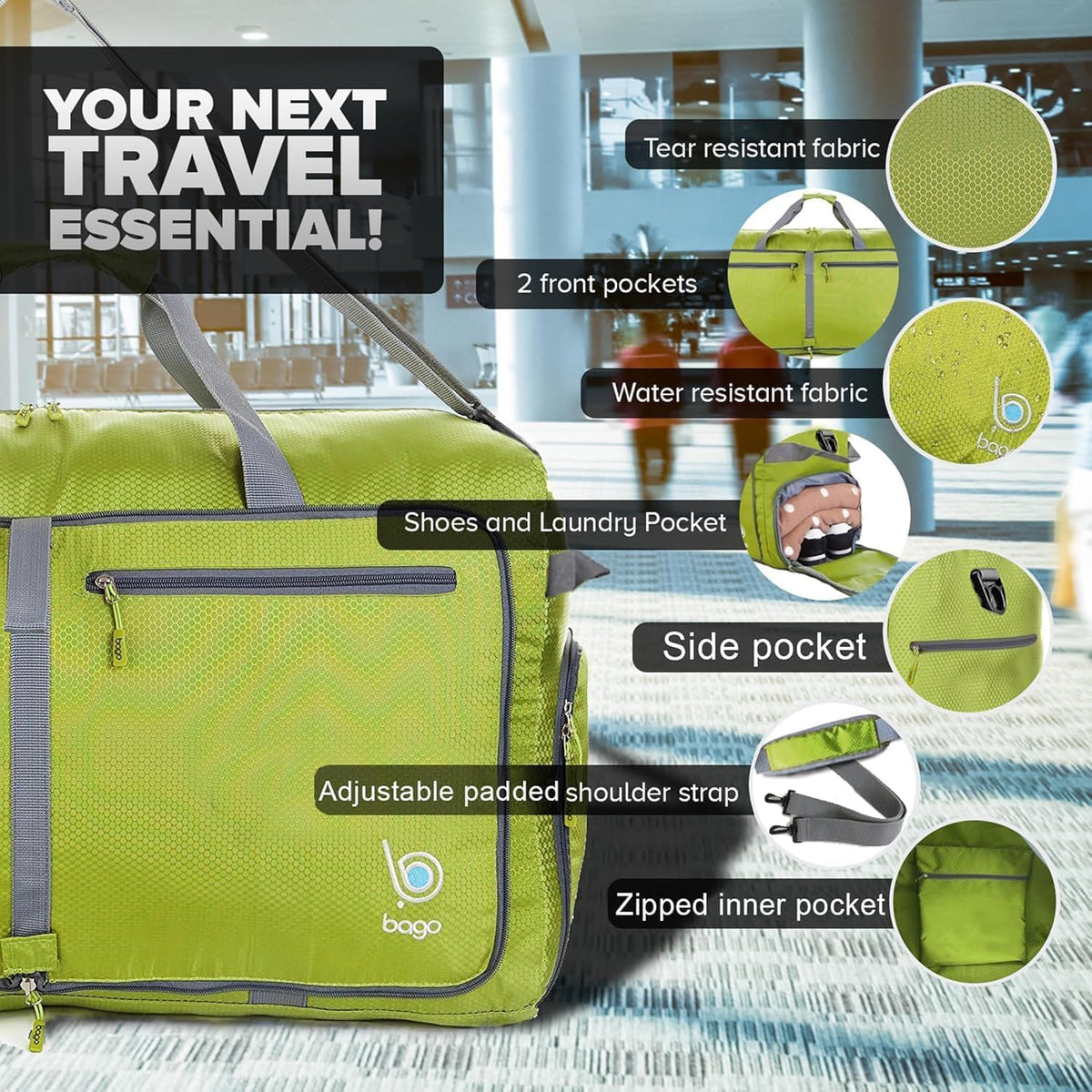 Bago Foldable Duffle Bag for Camping & Travel with Shoe Compartment. Large Duffle Bag for Women & Men. Durable Lightweight Duffel Bags for Traveling. 80L