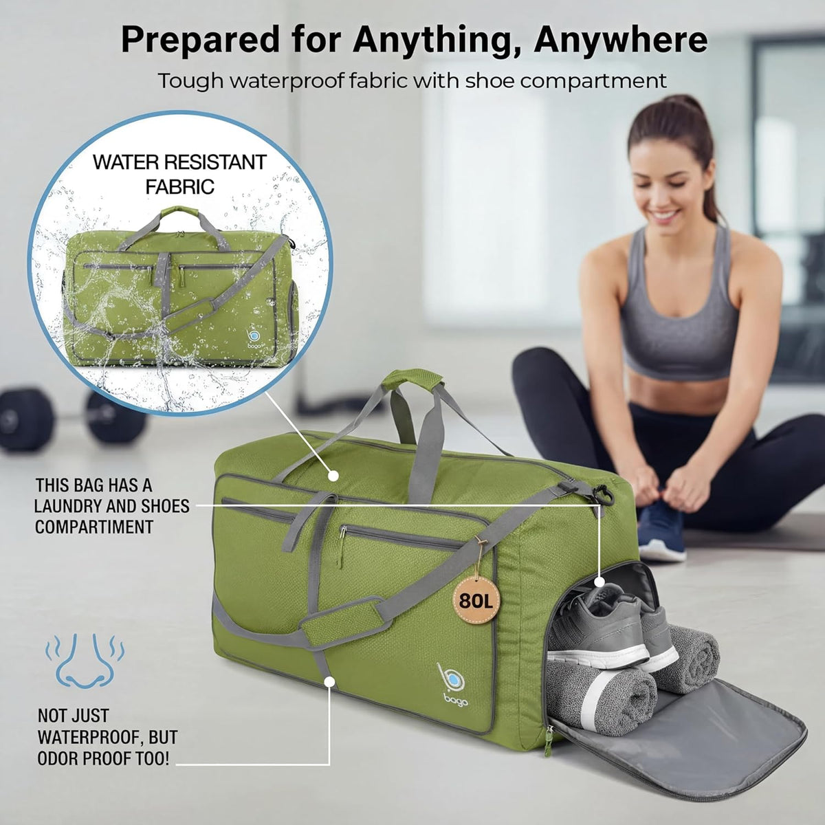 Bago Foldable Duffle Bag for Camping & Travel with Shoe Compartment. Large Duffle Bag for Women & Men. Durable Lightweight Duffel Bags for Traveling. 80L