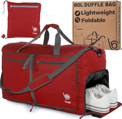 Bago Foldable Duffle Bag for Camping & Travel with Shoe Compartment. Large Duffle Bag for Women & Men. Durable Lightweight Duffel Bags for Traveling. 80L