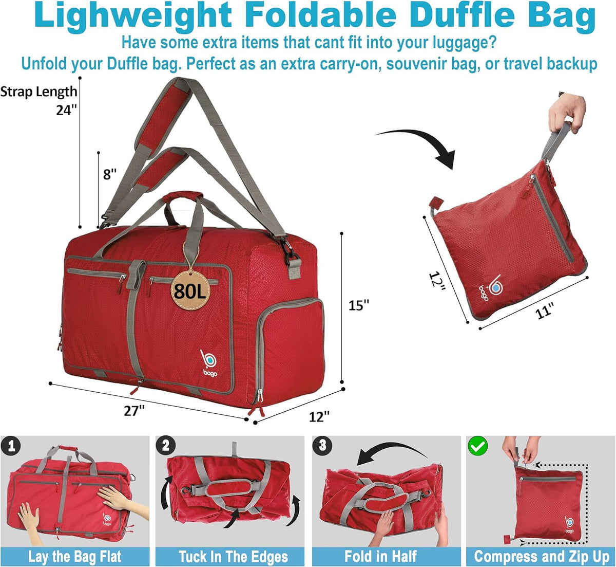 Bago Foldable Duffle Bag for Camping & Travel with Shoe Compartment. Large Duffle Bag for Women & Men. Durable Lightweight Duffel Bags for Traveling. 80L