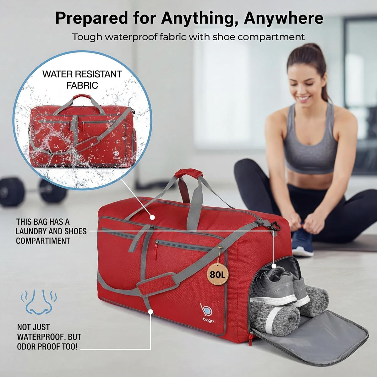 Bago Foldable Duffle Bag for Camping & Travel with Shoe Compartment. Large Duffle Bag for Women & Men. Durable Lightweight Duffel Bags for Traveling. 80L
