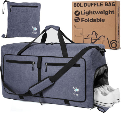 Bago Foldable Duffle Bag for Camping & Travel with Shoe Compartment. Large Duffle Bag for Women & Men. Durable Lightweight Duffel Bags for Traveling. 80L