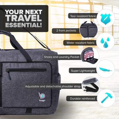 Bago Foldable Duffle Bag for Camping & Travel with Shoe Compartment. Large Duffle Bag for Women & Men. Durable Lightweight Duffel Bags for Traveling. 80L