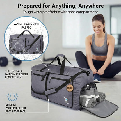 Bago Foldable Duffle Bag for Camping & Travel with Shoe Compartment. Large Duffle Bag for Women & Men. Durable Lightweight Duffel Bags for Traveling. 80L
