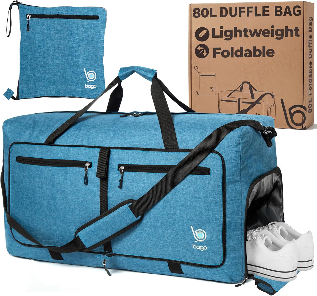 Bago Foldable Duffle Bag for Camping & Travel with Shoe Compartment. Large Duffle Bag for Women & Men. Durable Lightweight Duffel Bags for Traveling. 80L