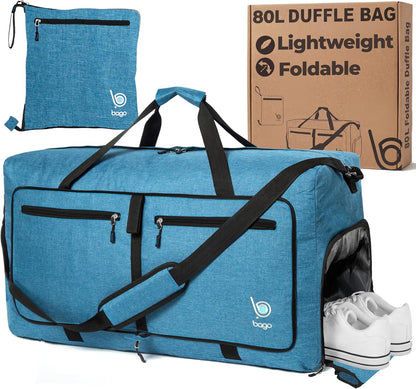 Bago Foldable Duffle Bag for Camping & Travel with Shoe Compartment. Large Duffle Bag for Women & Men. Durable Lightweight Duffel Bags for Traveling. 80L