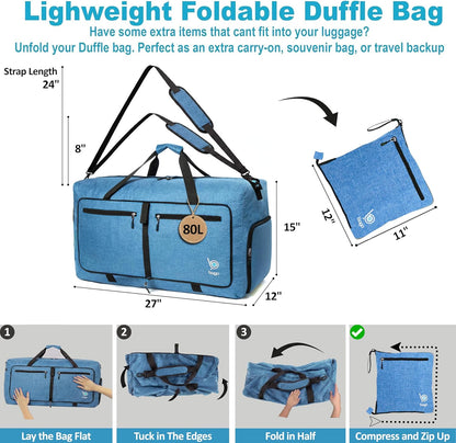 Bago Foldable Duffle Bag for Camping & Travel with Shoe Compartment. Large Duffle Bag for Women & Men. Durable Lightweight Duffel Bags for Traveling. 80L