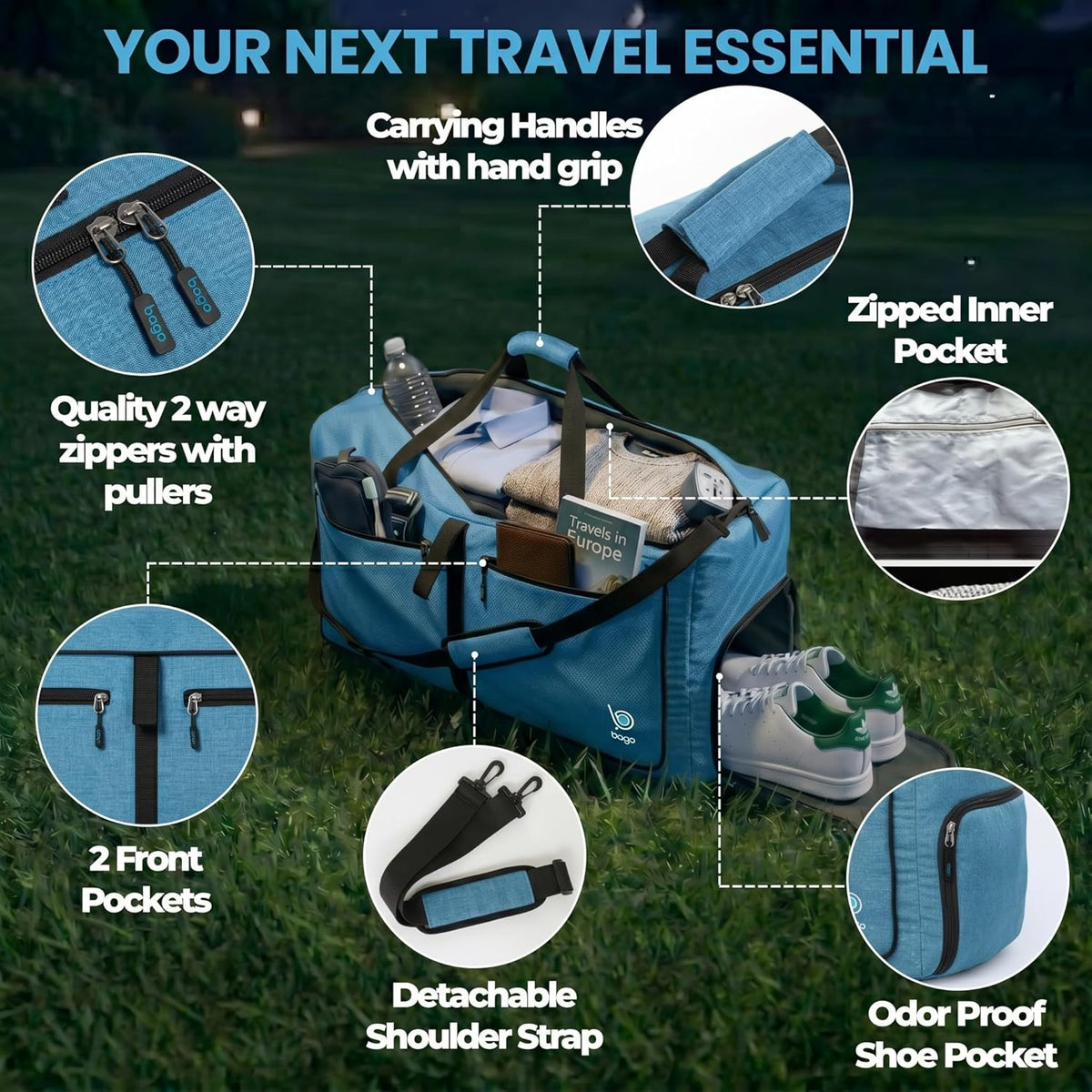 Bago Foldable Duffle Bag for Camping & Travel with Shoe Compartment. Large Duffle Bag for Women & Men. Durable Lightweight Duffel Bags for Traveling. 80L