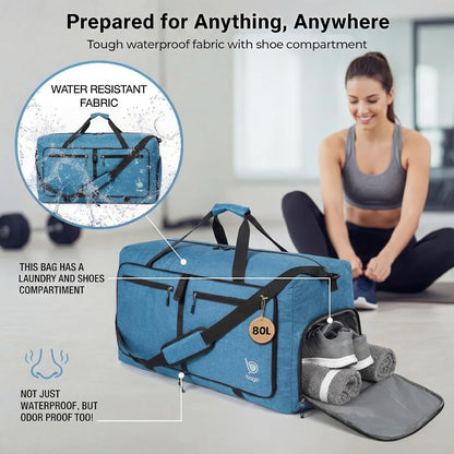 Bago Foldable Duffle Bag for Camping & Travel with Shoe Compartment. Large Duffle Bag for Women & Men. Durable Lightweight Duffel Bags for Traveling. 80L