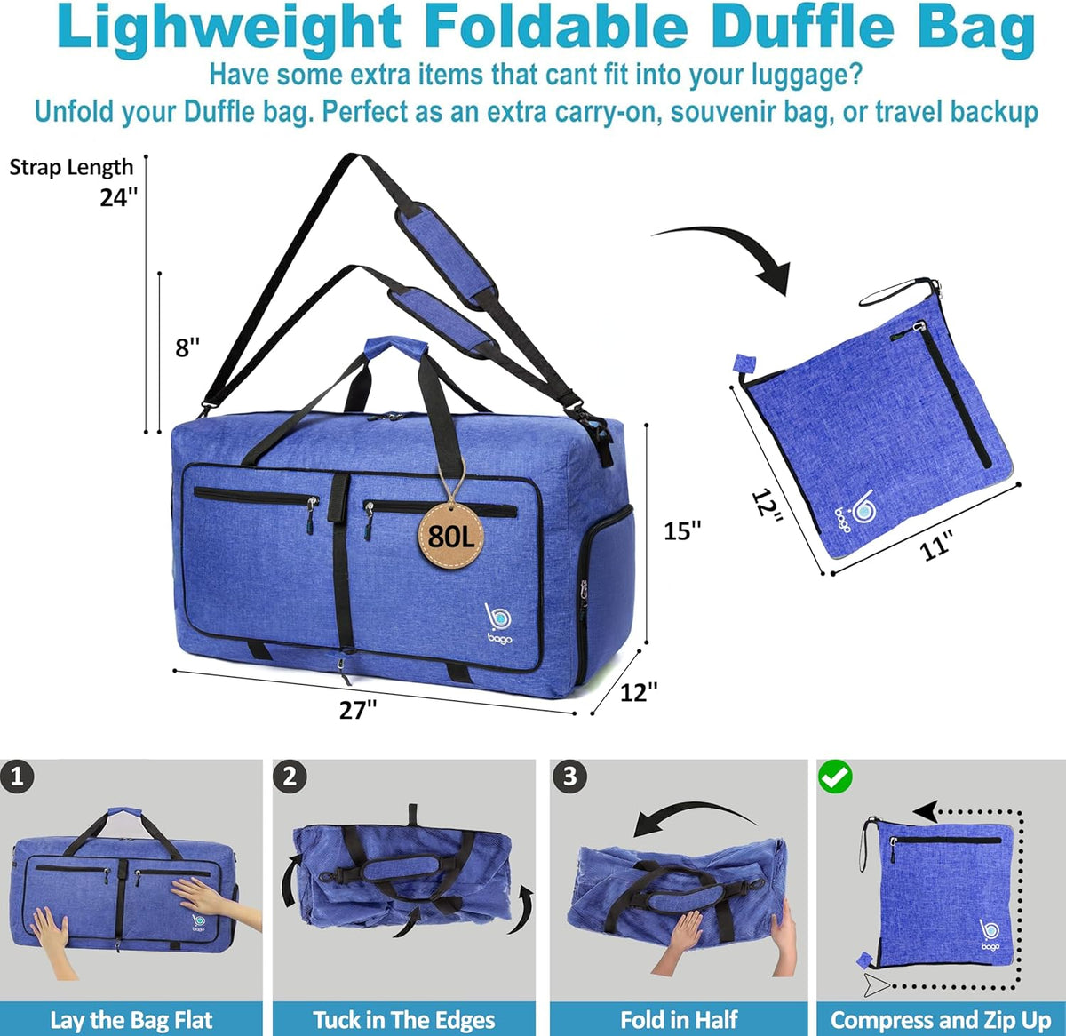 Bago Foldable Duffle Bag for Camping & Travel with Shoe Compartment. Large Duffle Bag for Women & Men. Durable Lightweight Duffel Bags for Traveling. 80L