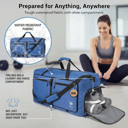 Bago Foldable Duffle Bag for Camping & Travel with Shoe Compartment. Large Duffle Bag for Women & Men. Durable Lightweight Duffel Bags for Traveling. 80L