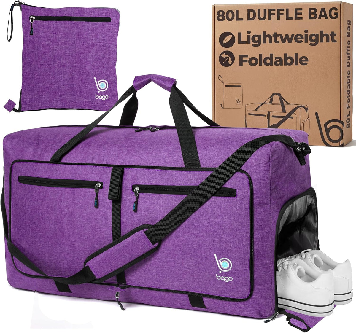 Bago Foldable Duffle Bag for Camping & Travel with Shoe Compartment. Large Duffle Bag for Women & Men. Durable Lightweight Duffel Bags for Traveling. 80L