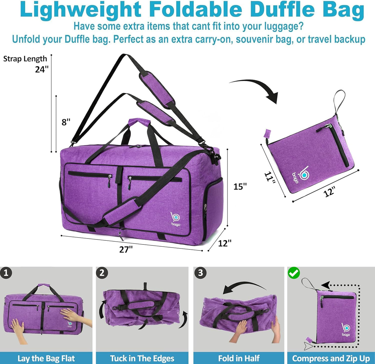 Bago Foldable Duffle Bag for Camping & Travel with Shoe Compartment. Large Duffle Bag for Women & Men. Durable Lightweight Duffel Bags for Traveling. 80L