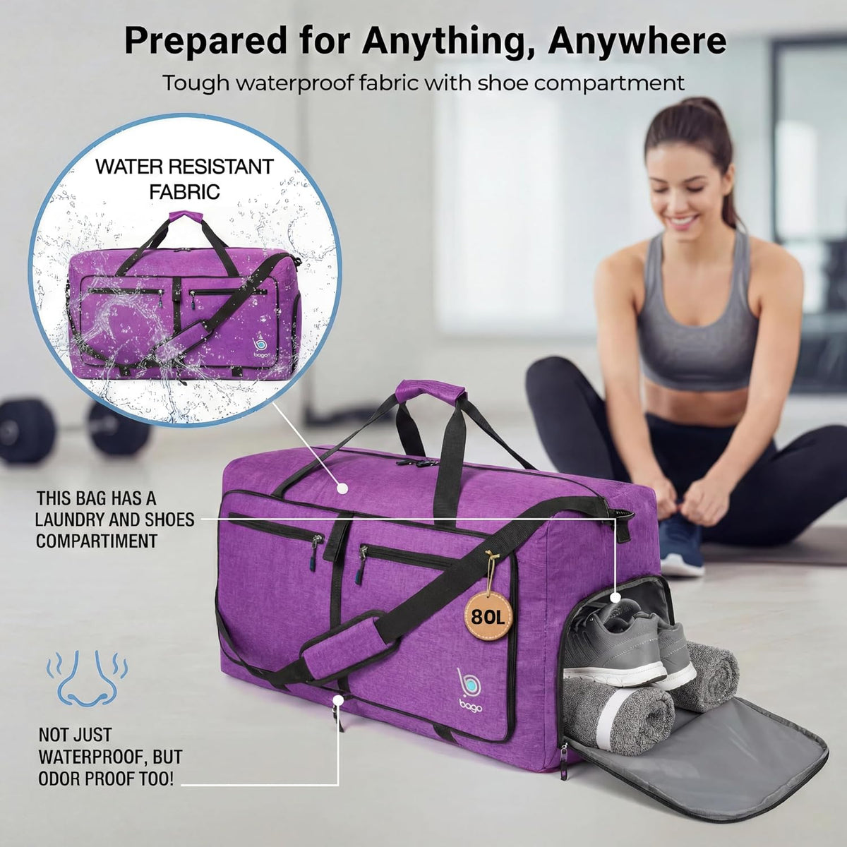 Bago Foldable Duffle Bag for Camping & Travel with Shoe Compartment. Large Duffle Bag for Women & Men. Durable Lightweight Duffel Bags for Traveling. 80L