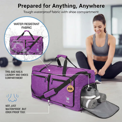 Bago Foldable Duffle Bag for Camping & Travel with Shoe Compartment. Large Duffle Bag for Women & Men. Durable Lightweight Duffel Bags for Traveling. 80L