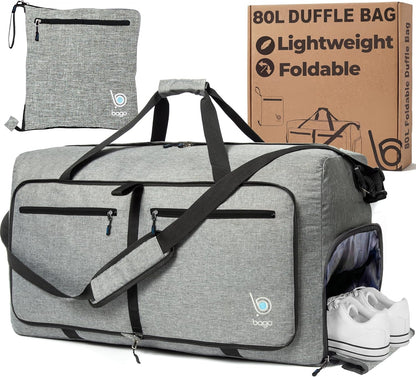 Bago Foldable Duffle Bag for Camping & Travel with Shoe Compartment. Large Duffle Bag for Women & Men. Durable Lightweight Duffel Bags for Traveling. 80L