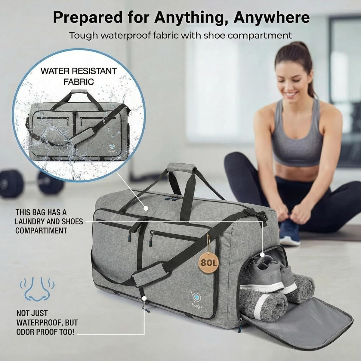 Bago Foldable Duffle Bag for Camping & Travel with Shoe Compartment. Large Duffle Bag for Women & Men. Durable Lightweight Duffel Bags for Traveling. 80L