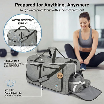 Bago Foldable Duffle Bag for Camping & Travel with Shoe Compartment. Large Duffle Bag for Women & Men. Durable Lightweight Duffel Bags for Traveling. 80L