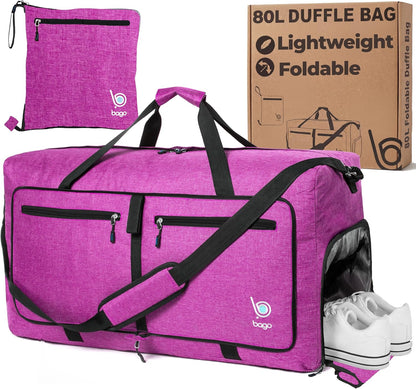 Bago Foldable Duffle Bag for Camping & Travel with Shoe Compartment. Large Duffle Bag for Women & Men. Durable Lightweight Duffel Bags for Traveling. 80L