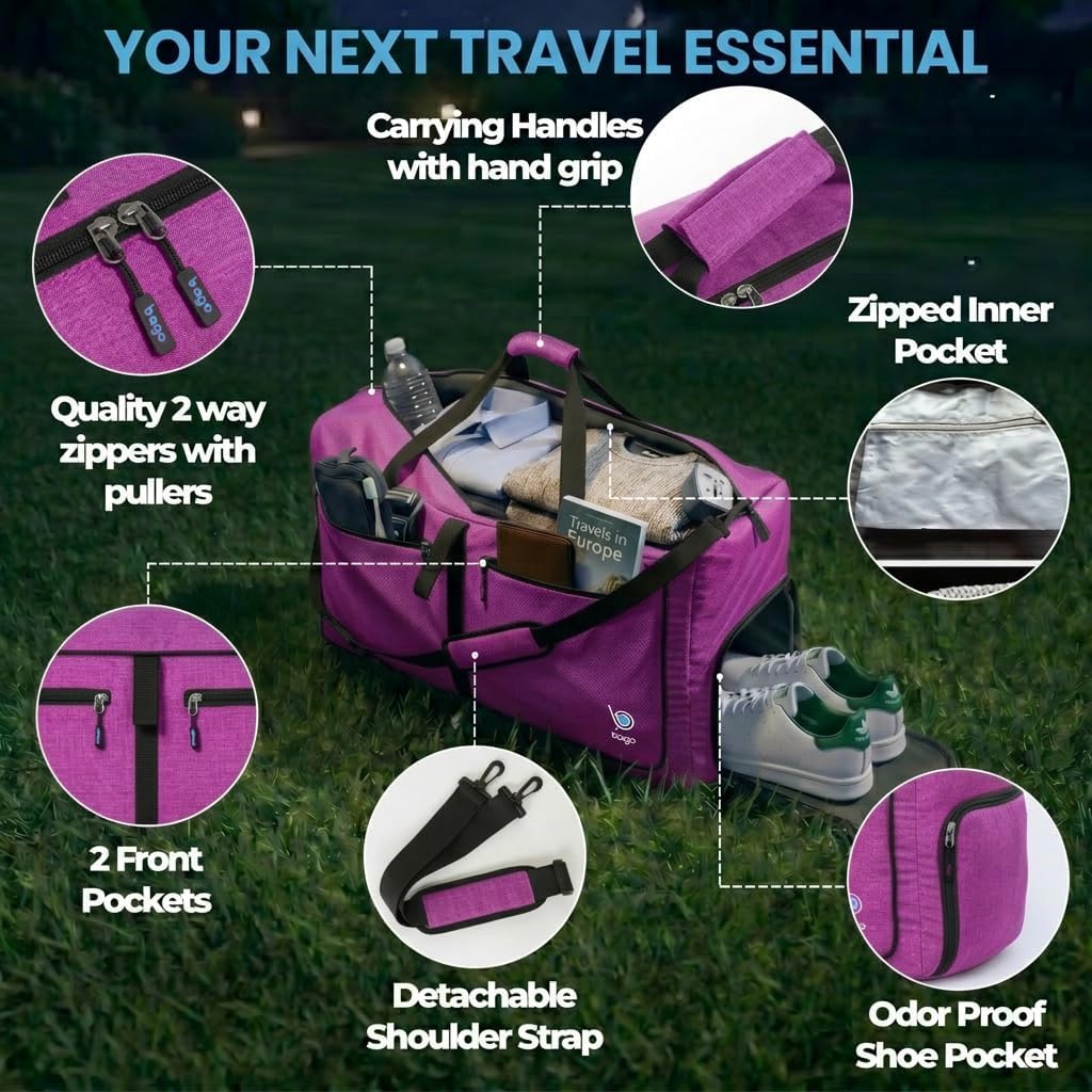 Bago Foldable Duffle Bag for Camping & Travel with Shoe Compartment. Large Duffle Bag for Women & Men. Durable Lightweight Duffel Bags for Traveling. 80L