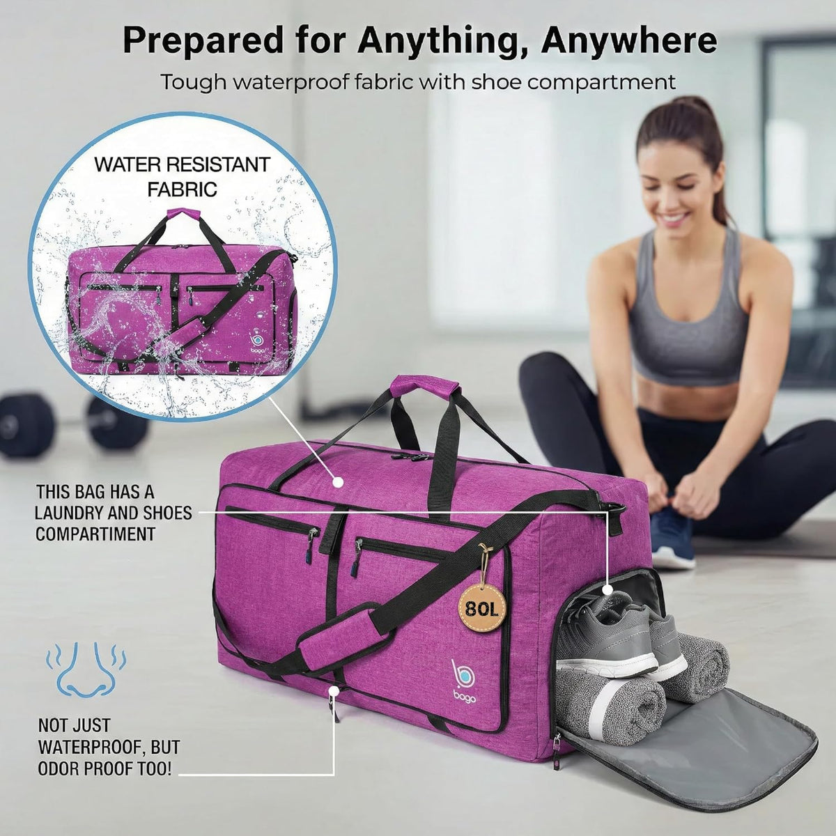 Bago Foldable Duffle Bag for Camping & Travel with Shoe Compartment. Large Duffle Bag for Women & Men. Durable Lightweight Duffel Bags for Traveling. 80L