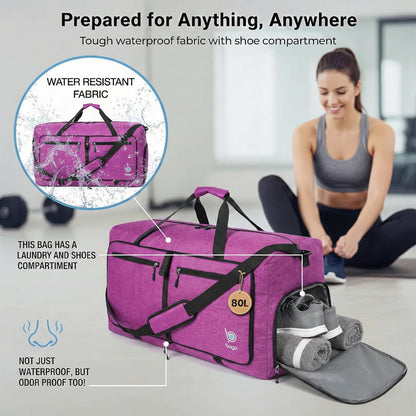 Bago Foldable Duffle Bag for Camping & Travel with Shoe Compartment. Large Duffle Bag for Women & Men. Durable Lightweight Duffel Bags for Traveling. 80L