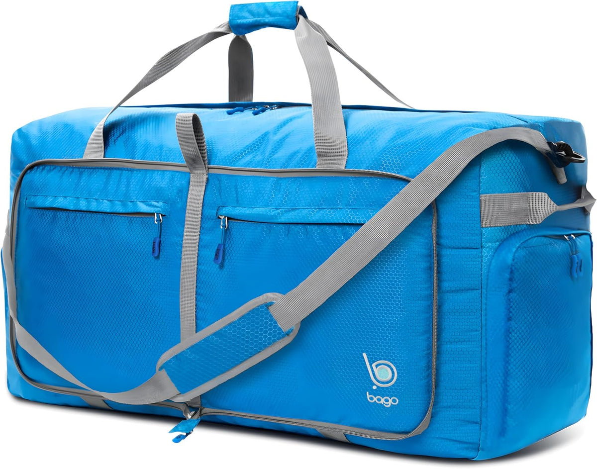 Bago Foldable Duffle Bag for Camping & Travel with Shoe Compartment. Large Duffle Bag for Women & Men. Durable Lightweight Duffel Bags for Traveling. 80L