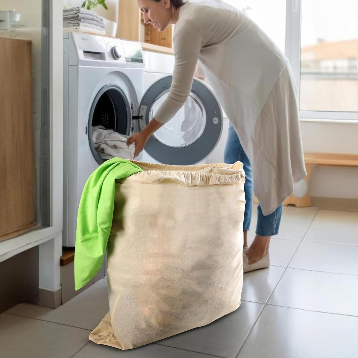 100% Cotton Laundry Bag with Drawstring Closure (Set of 2), Reusable & Washable Travel Laundry Bags for Dirty Clothes, Canvas Drawstring Bags, Laundromat Bag fo Easter, Natural Color