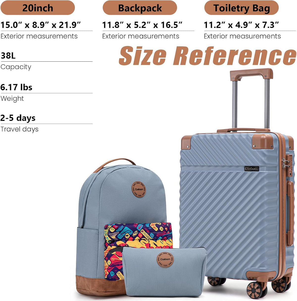 Carry On Luggage 22x14x9 Airline Approved, Hardside 20 Inch Carry on Suitcases with Wheels, Hard Shell ABS Lightweight Carry on Luggage Set, Travel Suitcase Set with TSA Lock, SkyBlue