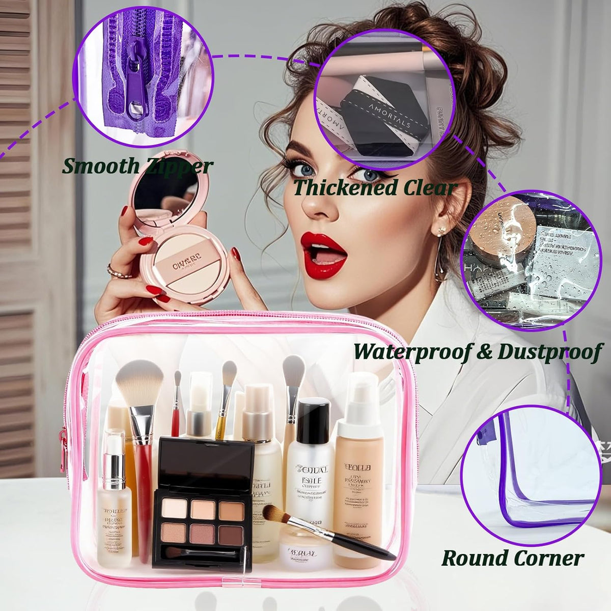 12 Pack Clear Toiletry Bags, TSA Approved 3 Sizes Waterproof Cosmetic Bags with Black Zipper, Transparent Makeup Organizer Pouches for Travel, Gym, Bathroom, Airline Carry On