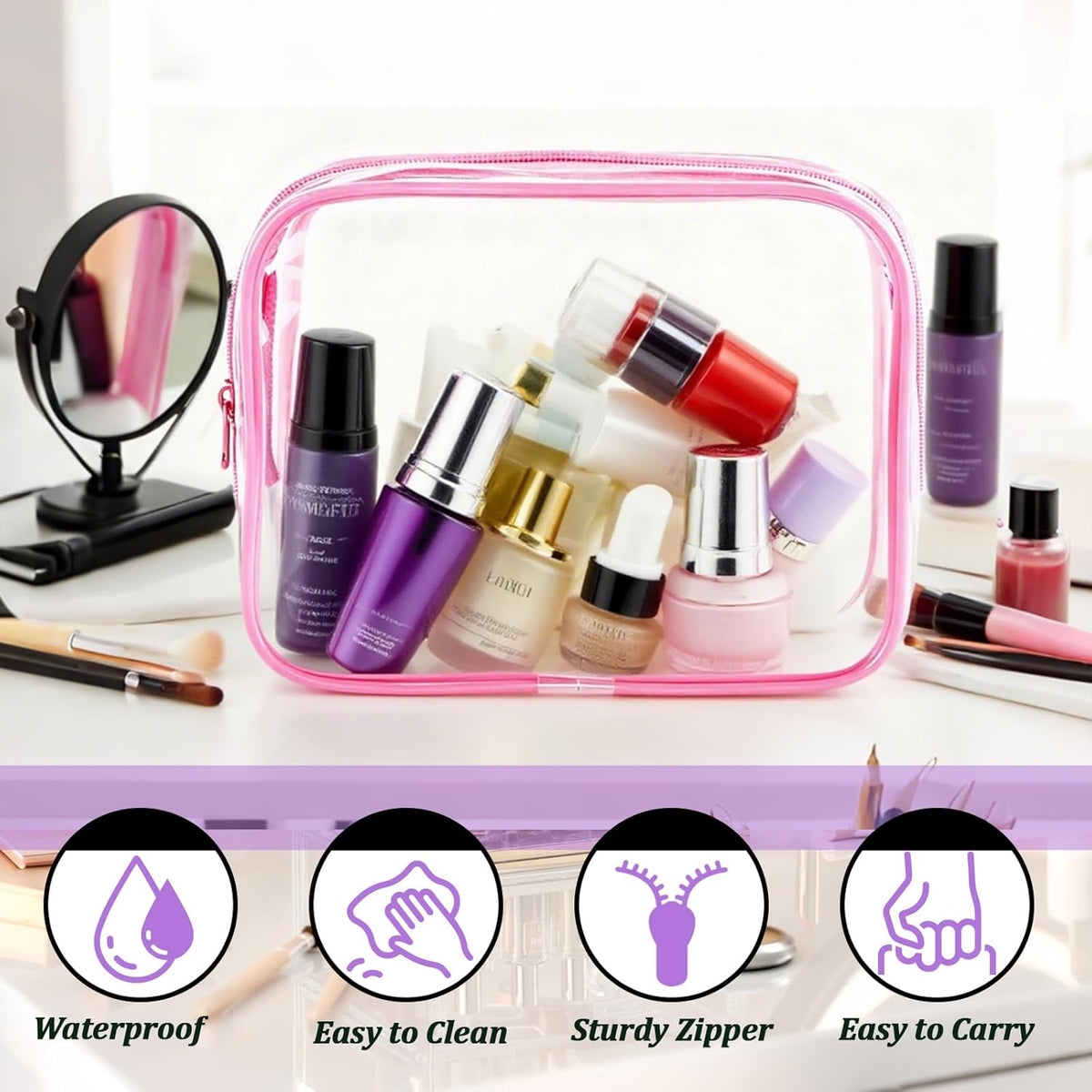 12 Pack Clear Toiletry Bags, TSA Approved 3 Sizes Waterproof Cosmetic Bags with Black Zipper, Transparent Makeup Organizer Pouches for Travel, Gym, Bathroom, Airline Carry On
